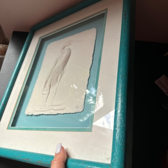 Framed Caste Paper Sculpture Great Blue Heron Signed - Picture 11 of 13